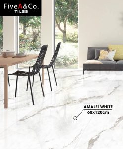 Gạch Ấn Độ AMALFI-WHITE phối cảnh phòng khách - Fiveaco