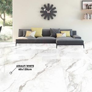 Gạch Ấn Độ AMALFI-WHITE phối cảnh phòng khách - Fiveaco